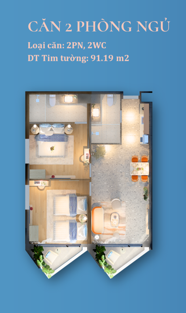 Layout Căn 91.19m2 The Maris 2PN 2WC